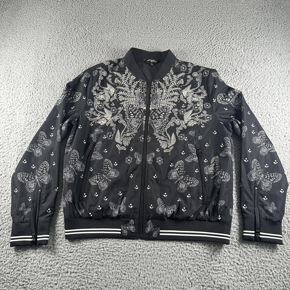 Johnny Was Active Bomber Jacket Womens S Black Butterfly Floral Print Metallic
